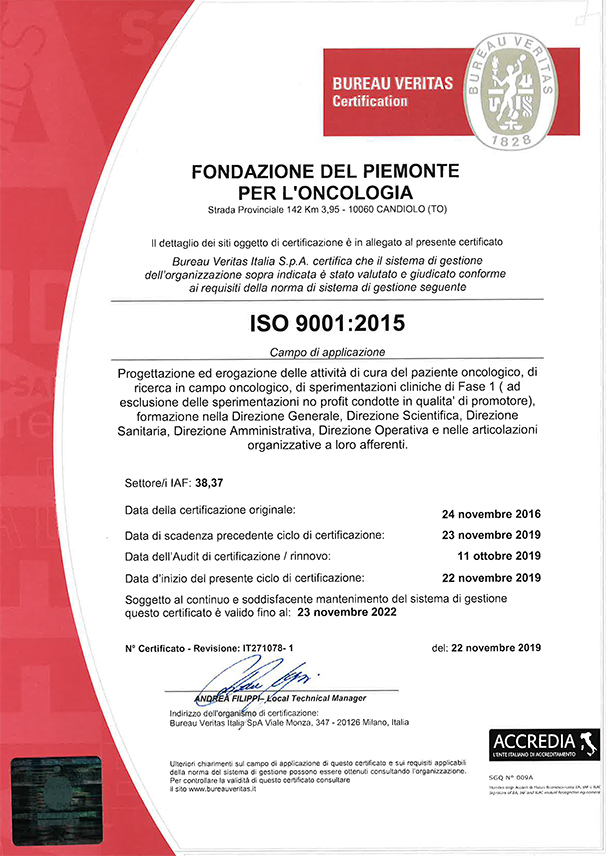 Certificato ISO 9001:2015 Bureau Veritas - Accredia